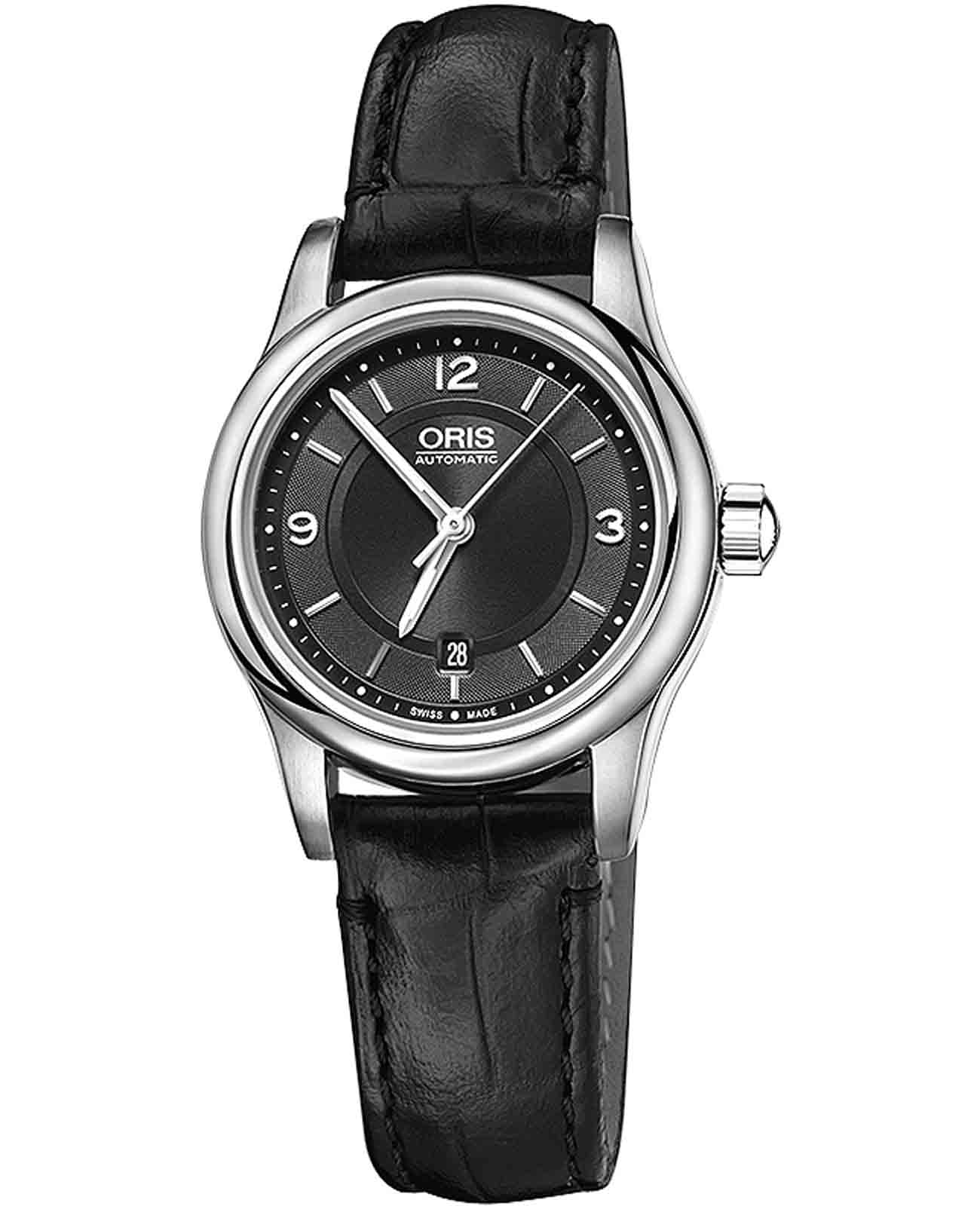 Oris Oris Classic Date 01 561 7650 4034-07 5 14 11  01 561 7650 4034-07 5 14 11 механические женские часы черный циферблат, браслет кожаный — вид спереди